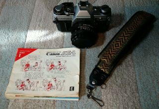 Canon Ae - 1 Slr 35mm Film Camera Bundle W 50mm F1.  8 Lens,  Vtg Strap & Instruction