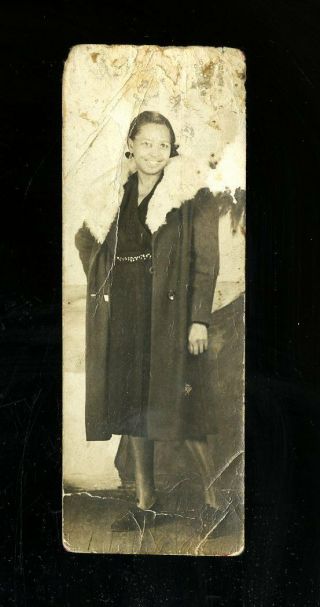 Vintage Arcade Photo African American Girl In Fur Trim Coat Distressed Trimmed