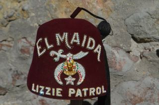 Vtg El Maida Shrine Fez Hat Tin Lizzie Patrol Jeweled Tassel Turin & Co 7 1/4