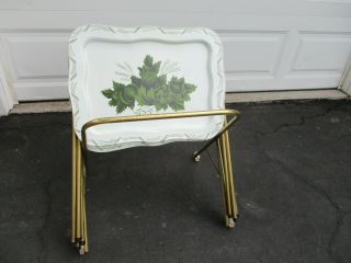 Set Of 4 Vintage Metal Folding Tv Trays Tables W/ Stand Green Cream Autumn Euc