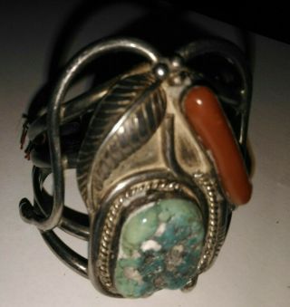 Vintage Signed Nc Navajo Sterling Cuff Bracelet Turquoise & Coral Feathers