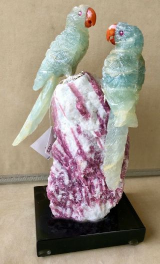 Blue Calcite Macaw Pair On Tourmaline In Albite 8 1/4 " - Peter Muller