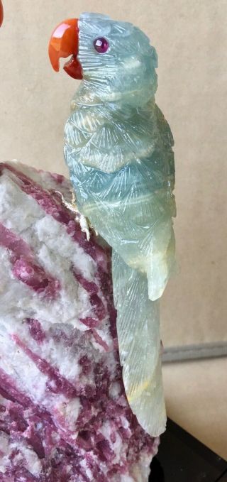 Blue Calcite Macaw Pair on Tourmaline in Albite 8 1/4 