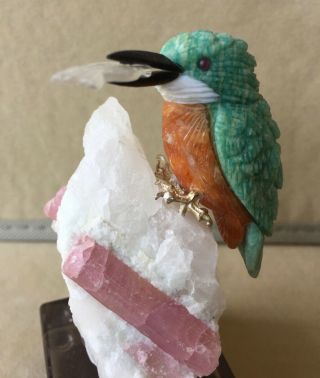 Amazonite And Orange Calcite Kingfisher On Quartz Crystal 4 1/2 " - Peter Muller