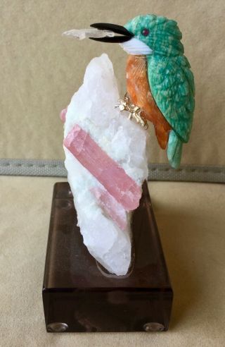 Amazonite and Orange Calcite Kingfisher on Quartz Crystal 4 1/2 