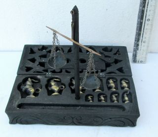 Beautifully Carved Vintage Opium Scale & 10 Elephant Weights Handmade