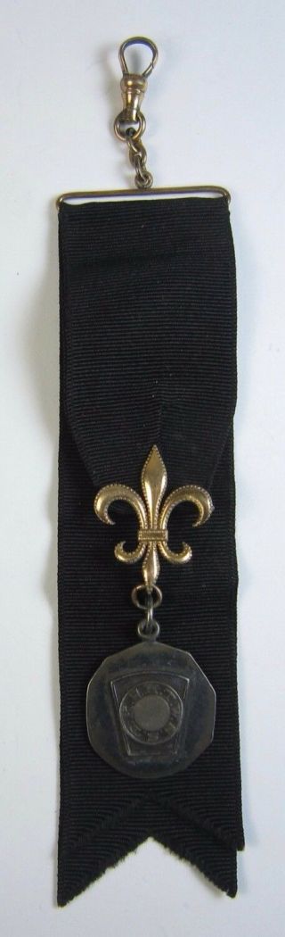 Antique Royal Arch Masons Watch Fob W/ Fleur De Lis Pin & Black Ribbon