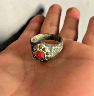 Post Medieval Vintage Copper Seal Ring With Red Stone