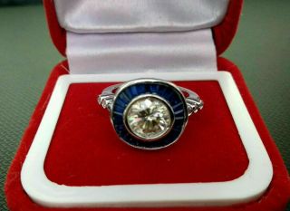 Antique Vintage Art Deco Engagement Halo Ring 2 Ct Sapphire 14k White Gold Over