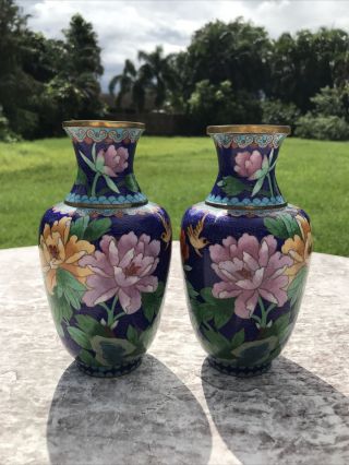 Vintage Chinese Cloisonne Duet Vases Blue Ground With Flowers Birds 8 In