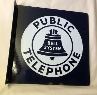 Vintage Bell System Public Telephone Porcelain Two Sided Flanged Sign