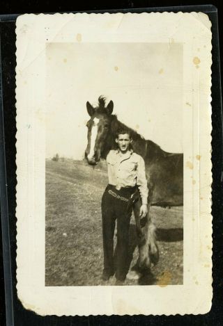 Vintage Photo Handsome Young Cowboy With Gun And Holster Poses With Horse
