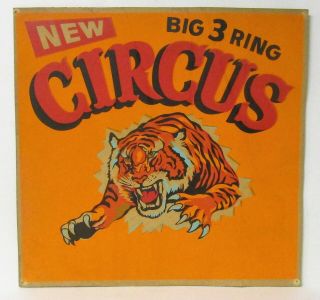 Vintage Circus Hand Painted Cardboard Sign Poster Tiger 3 Ring Circus C.  1960s