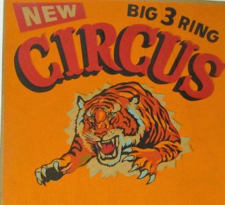 Vintage Circus Hand Painted Cardboard Sign Poster Tiger 3 Ring Circus c.  1960s 2