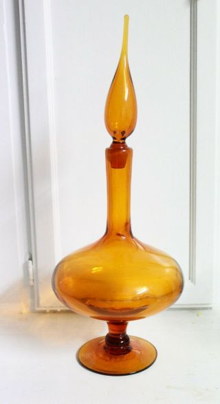 Vintage Blenko Tangerine Footed Glass Decanter With Stopper (1960s Mcm)