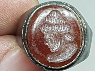 A Stunning Rare Ancient Sasanian King Seal Ring With Carnelian Stone 5,  9 Gr 19mm