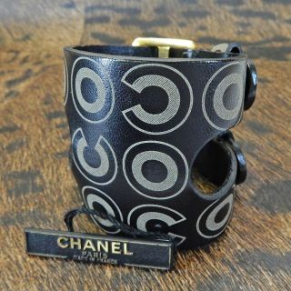 Chanel Black Leather Cc Coco Vintage Bracelet Bangle 6384a Rise - On