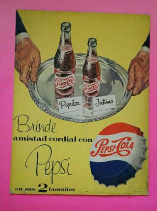 Vintage Mexican Pepsi Cola Cardboard Sign W/ Bottles 1956