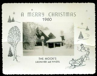 Vintage Merry Christmas Photo Greeting Card Snow Covered Home House 1960