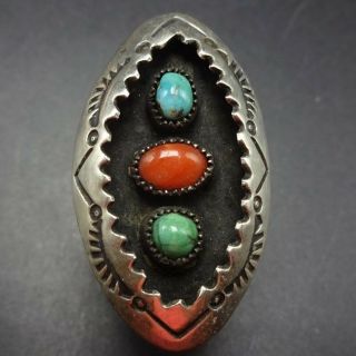 Signed Vintage Navajo Sterling Silver Turquoise Coral Shadowbox Ring Size 8.  25