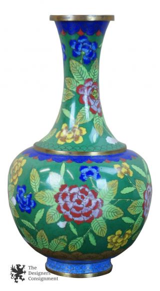 Vintage Chinese Cloisonne Bud Vase Vibrant Flowers Floral Enamel Brass 10.  5 "
