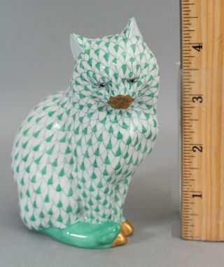Authentic Signed Herend Hand Painted Green Fishnet Porcelain Figurine Cat Kitten