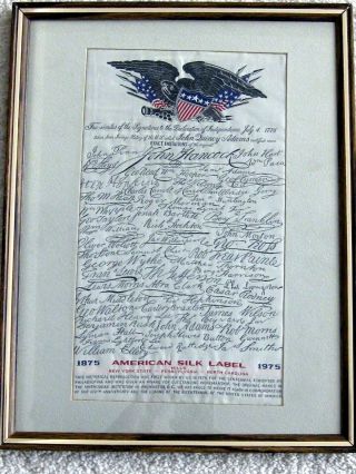 American Silk Label 1875 - 1975 Signatures Declaration Of Independence