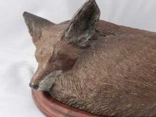 Art Bronze Sculpture Life Size Sleeping Red Fox Walnut Base Signed Vgc