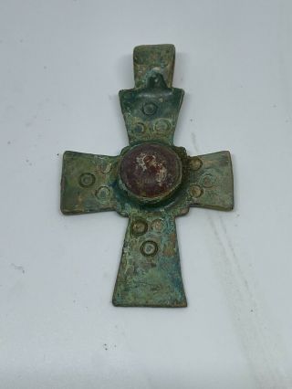 Roman Ancient Artifact Bronze Cross With Gem Stone 200 - 300ad