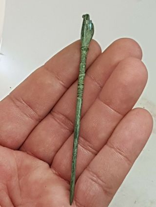 Museum Quality Intact Rare Ancient Roman Bronze Hair Pin On A Hand.  5 Gr.  101 Mm
