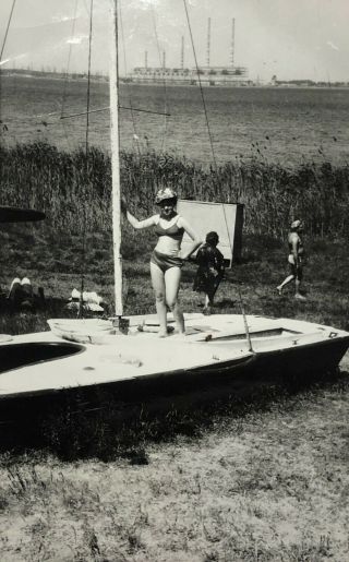 1970s Vintage Photo Sexy Young Woman Swimsuit Posing On Yacht