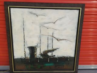 Large Vintage Mid Century Modern Seagulls Coastal Oil Painting Signed 35 " X 35 "
