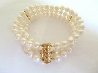 Vintage 6mm Cultured Pearl Triple Row Bracelet 14k Yellow Gold Clasp & Bars