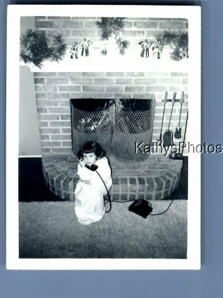 Black & White Photo F,  1823 Little Girl Sitting On Fireplace Talking On Phone