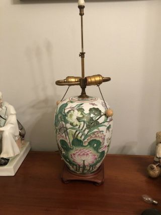 Vintage Oriental Table Lamp Green And Pink Floral Base.