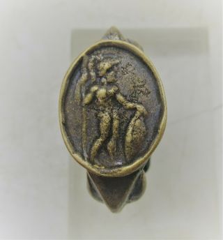 Ancient Greek Bronze Seal Ring With Depiction Of Gladiator On Bezel