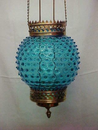 Antique Victorian Vintage Blue Glass Hobnail Hanging Oil Lamp Light Fixture