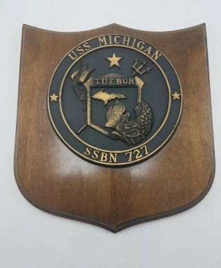 Vintage Uss Michigan Ssbn 727 Solid Brass Military Plaque On Wood 9 " X 9 "
