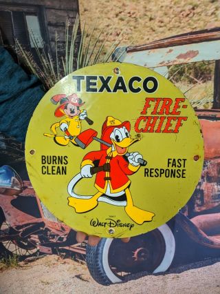 Vintage Dated 1967 Texaco Fire Chief Gasoline Porcelain Gas Sign Mickey Mouse
