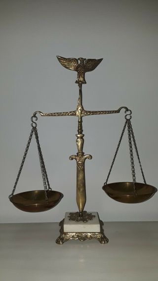 Vintage Antique Brass Scales Of Justice With Sword And Finial.