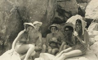 1950s Vintage Photo Young Women Swimsuit Men Playing Cards On The Beach
