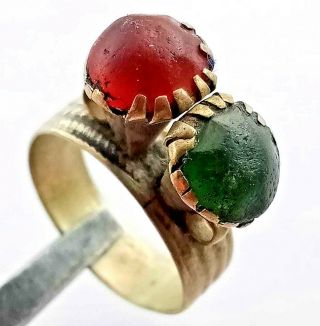 Ancient Medieval Silvered Ring Decorated With Red Green Stones