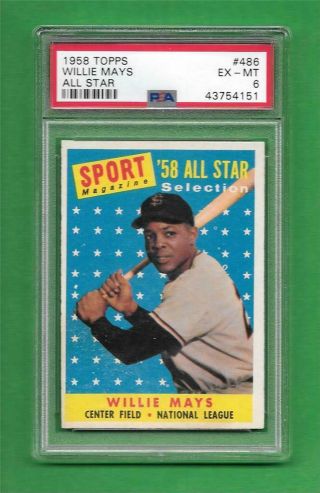 1958 Topps 486 Willie Mays All Star Psa Ex - Mt 6 Vintage Old Baseball Card