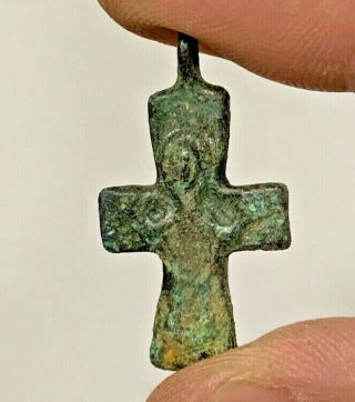 Ancient Byzantine Bronze Crusaders Cross Pendant Wearable 35.  8mm