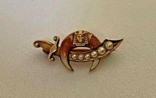 Antique 14k Gold Masonic Shriners Scimitar Enamel Seed Pearl Pin