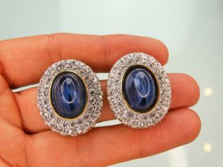 Rare Christian Dior Vtg Blue Gripoix Glass Cabochon Crystal Big Runway Earrings