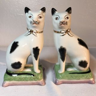 Vintage Black And White Cats Sitting On Pink Green Pillows