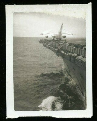 Vintage Polaroid Photo Plane Lands On Aircraft Carrier Deck Vietnam Era B&w