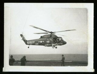 Vintage Polaroid Photo Helicopter Lands On Aircraft Carrier Vietnam Era B&w
