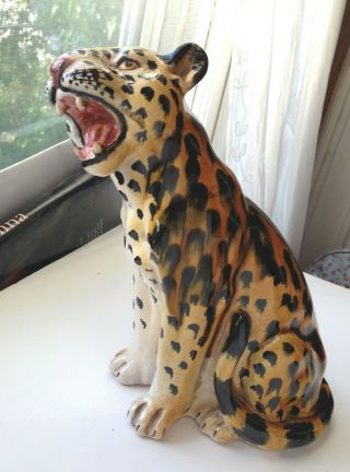 Vintage Hand Painted Made Ceramic Pottery Art Leopard Statue Figure Italy 10 "